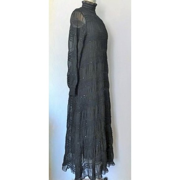ZARA BLACK RUCHED SEQUIN HIGH NECK LONG SLEEVE MAXI DRESS S NWT - Picture 6 of 13